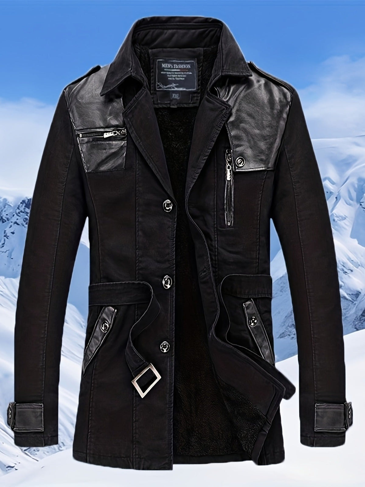 Herren Winterjacke mit Fellimitat-Futter, Knopfleiste und Gürtel in Olivgrün