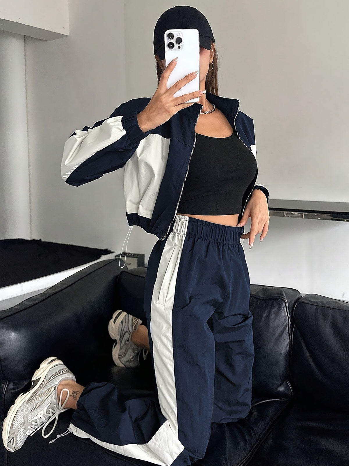 Damen Sportanzug 2-teilig Set Marineblau Weiß Tracksuit