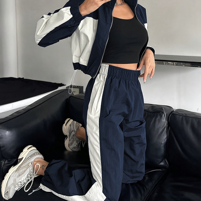 Damen Sportanzug 2-teilig Set Marineblau Weiß Tracksuit