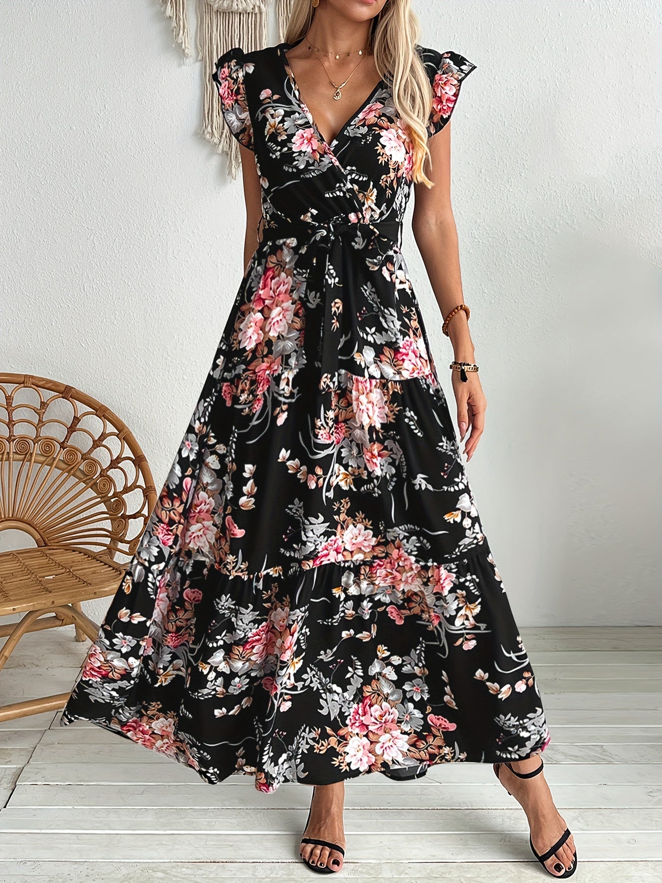 Damen Maxikleid mit Blumendruck und Gürtel – Elegantes Sommerkleid im Boho-Stil für Urlaub und Freizeit