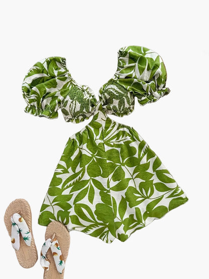 Damen Sommer Jumpsuit mit Tropenblatt-Print und Puffärmeln – Perfekt für Urlaub, Strand und Gartenparty