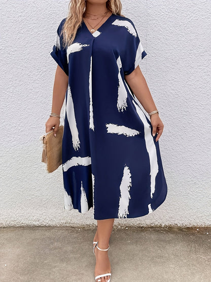 Damen Tunika Kleid im lockeren Oversize-Stil – Modernes Freizeitkleid mit V-Ausschnitt und Pinselstrich-Print