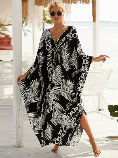 Damen Kaftan Maxi Strandkleid mit Palmenmuster und Kettenprint – Elegantes Cover-up für den Urlaub