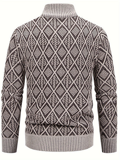 Herren Strickjacke Rautenmuster Stehkragen Reißverschluss Feinstrick Casual