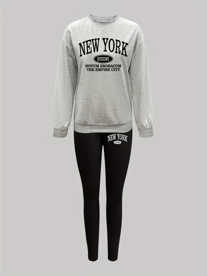 Damen Set: Pullover & Leggings mit 'New York Queens' Print, Rundhalsausschnitt
