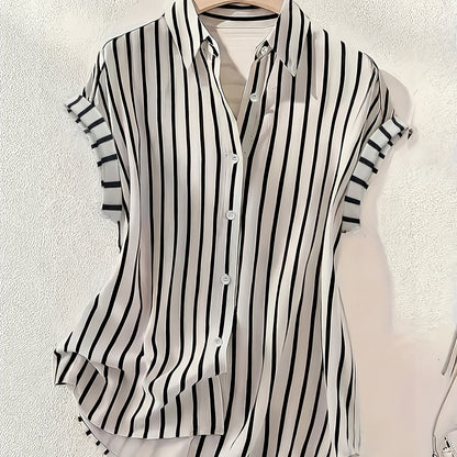 Damen Bluse Streifenmuster Elegant Büro Freizeit Kurzarm Hemdbluse