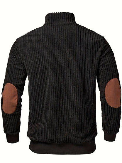Herren Rollkragenpullover mit Reißverschluss, Rippstrick und Wildleder-Optik Patches