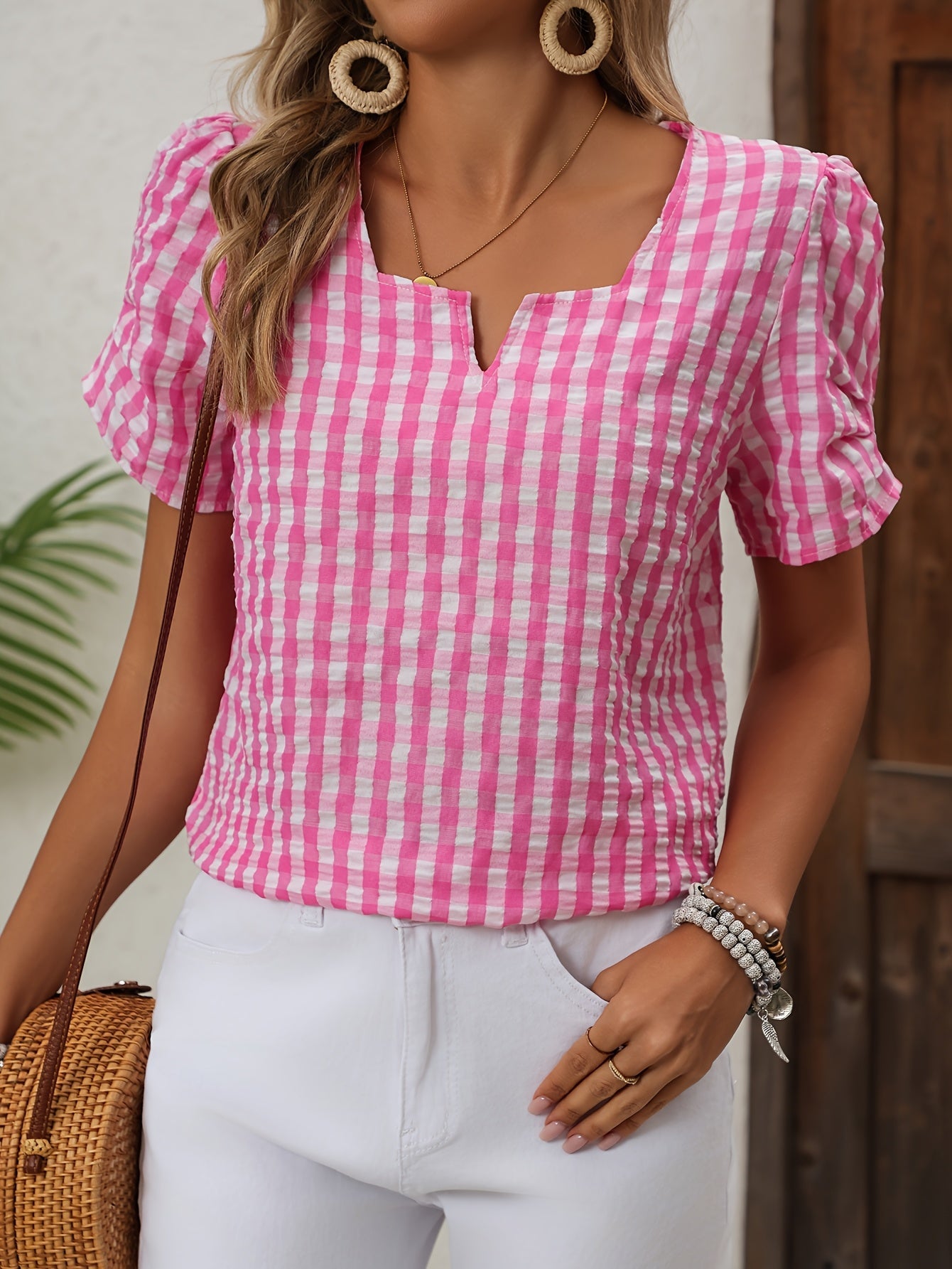 Damen Bluse im eleganten Vichy-Karo Stil mit Kurzarm – Perfekt für Freizeit und Alltag
