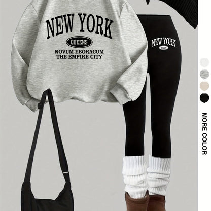 Damen Set: Pullover & Leggings mit 'New York Queens' Print, Rundhalsausschnitt