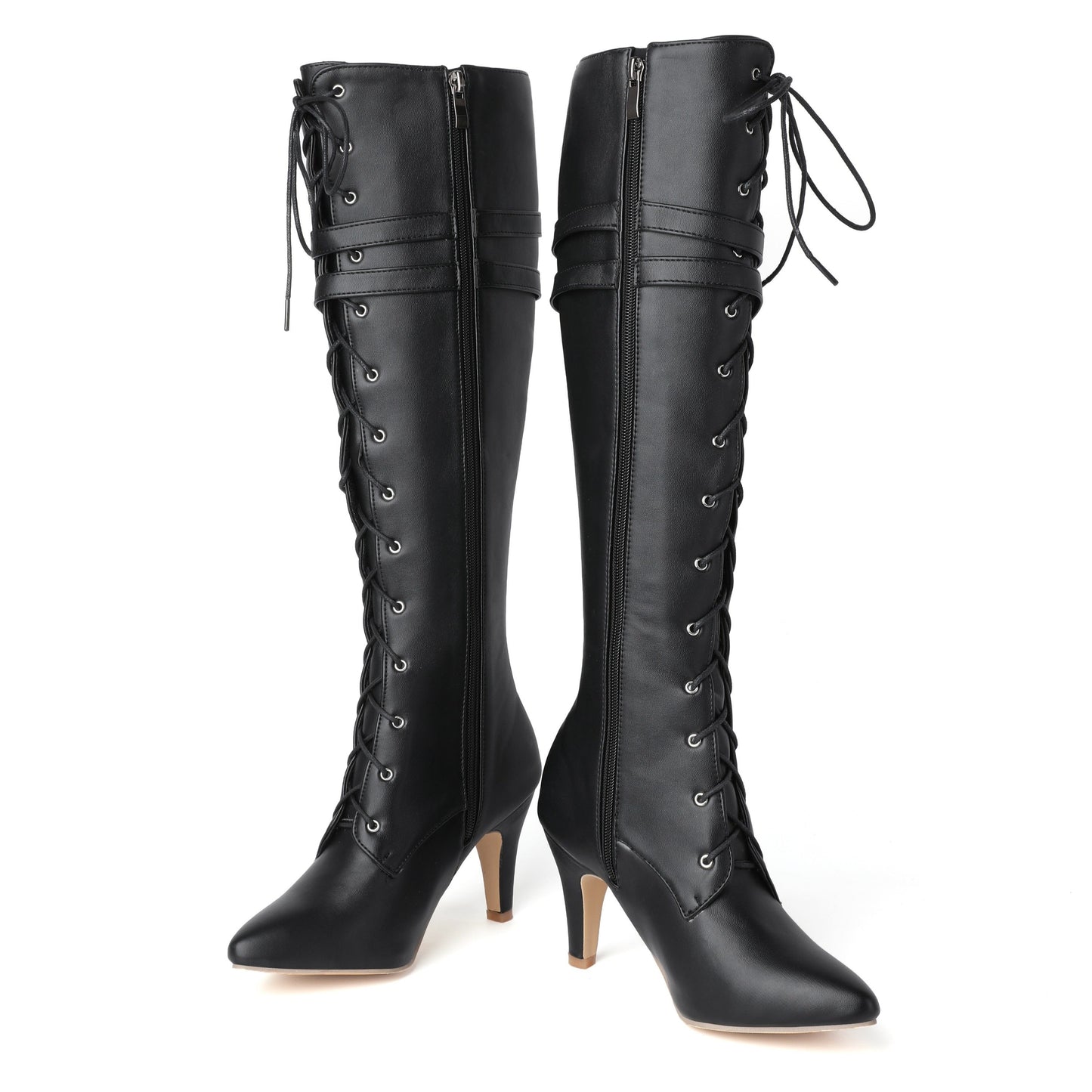 Damen Stiefel Schwarz mit Schnürung & Schnallen Hoher Absatz Spitz