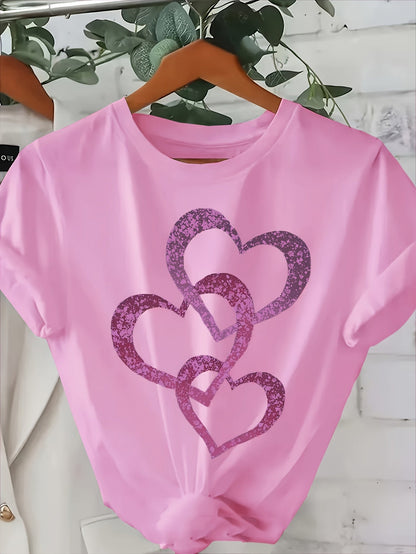 Damen T-Shirt mit Glitzer-Herzmotiv – Lockeres, modisches Freizeitshirt für Alltag & Sommer