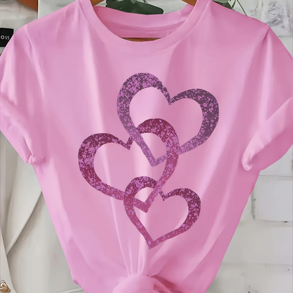 Damen T-Shirt mit Glitzer-Herzmotiv – Lockeres, modisches Freizeitshirt für Alltag & Sommer