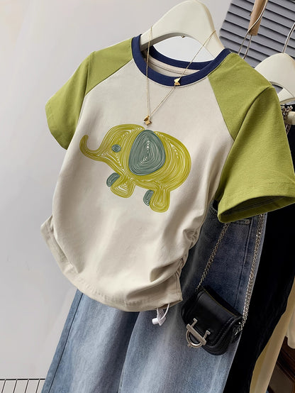 Damen T-Shirt mit Elefanten-Print, Y2K Stil, Freizeitmode