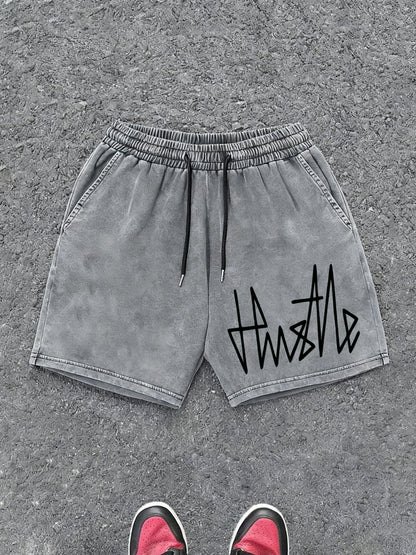Herren Streetwear Shorts mit „Hustle“-Print – Lässige Freizeithose mit Kordelzug