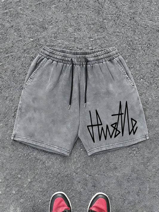 Herren Streetwear Shorts mit „Hustle“-Print – Lässige Freizeithose mit Kordelzug