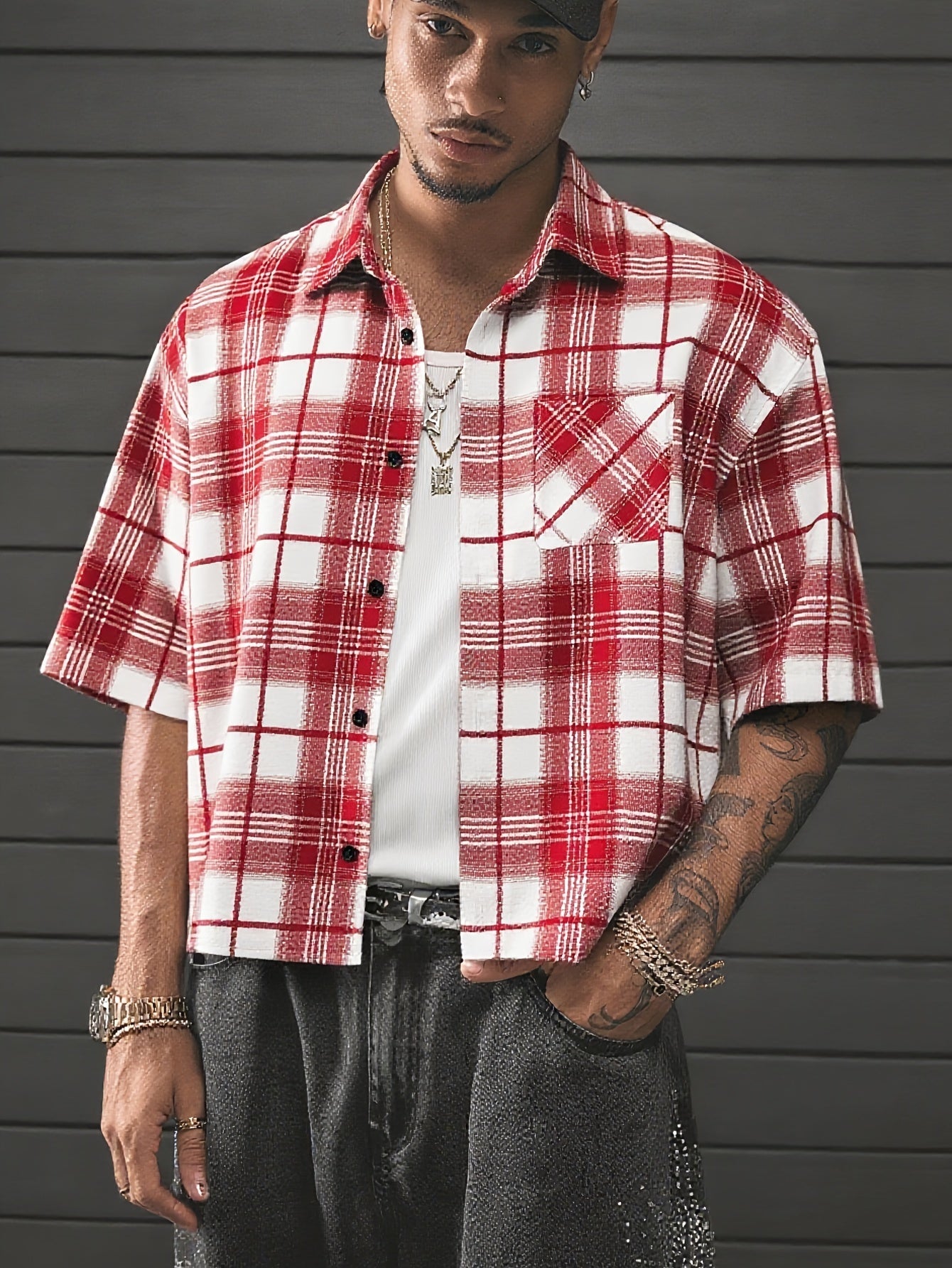 Herren Oversize Karohemd Kurzarm Streetwear Freizeitstil