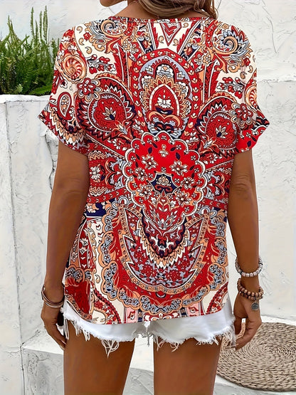 Damen Elegante Kurzarm Bluse mit Modernem Print – Perfekt für Freizeit und Büro