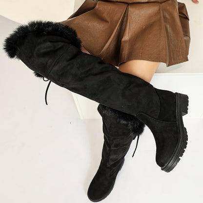 Damen Overknees Stiefel Schwarz mit Plüschbesatz Schnürung Blockabsatz