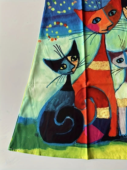 Damen Kleid mit Katzenmotiv und Sonne, ärmellos, Vintage Stil, Freizeitkleid