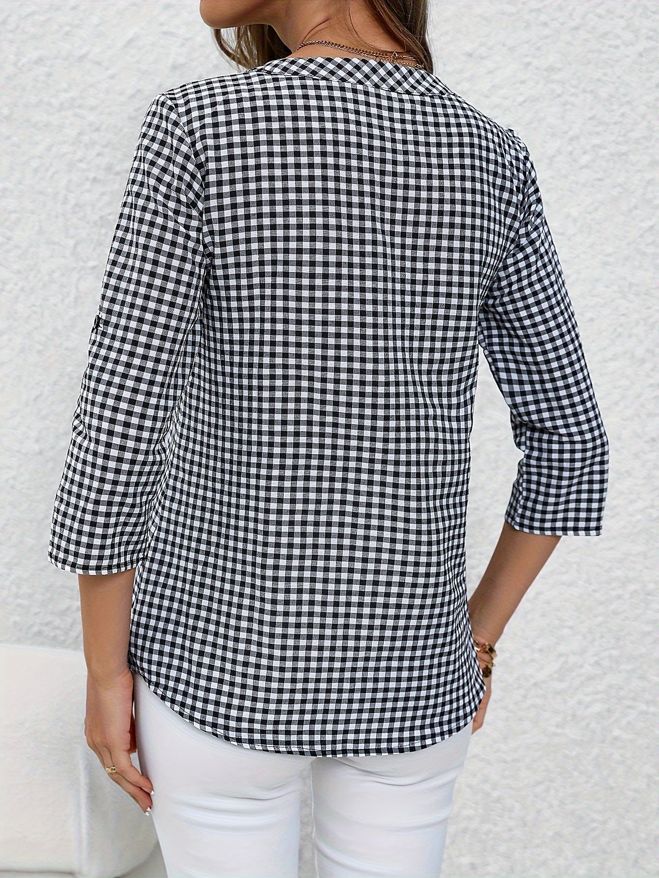 Damen Casual Karo Bluse mit Knopfleiste und 3/4-Ärmeln – Perfekt für Alltag & Büro