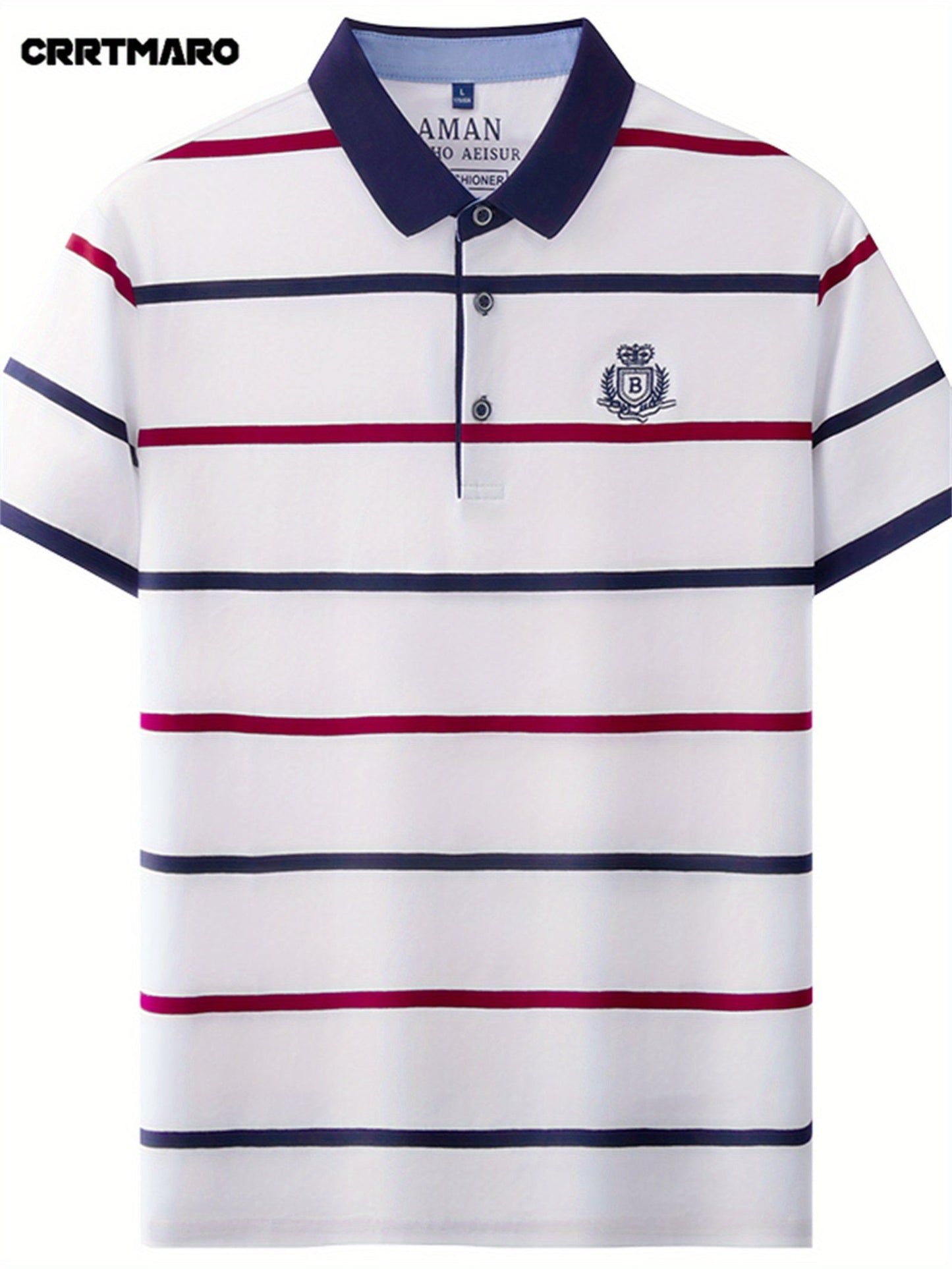 Herren Poloshirt mit Streifenmuster und gesticktem Wappen – Klassisch, Elegant, Freizeit