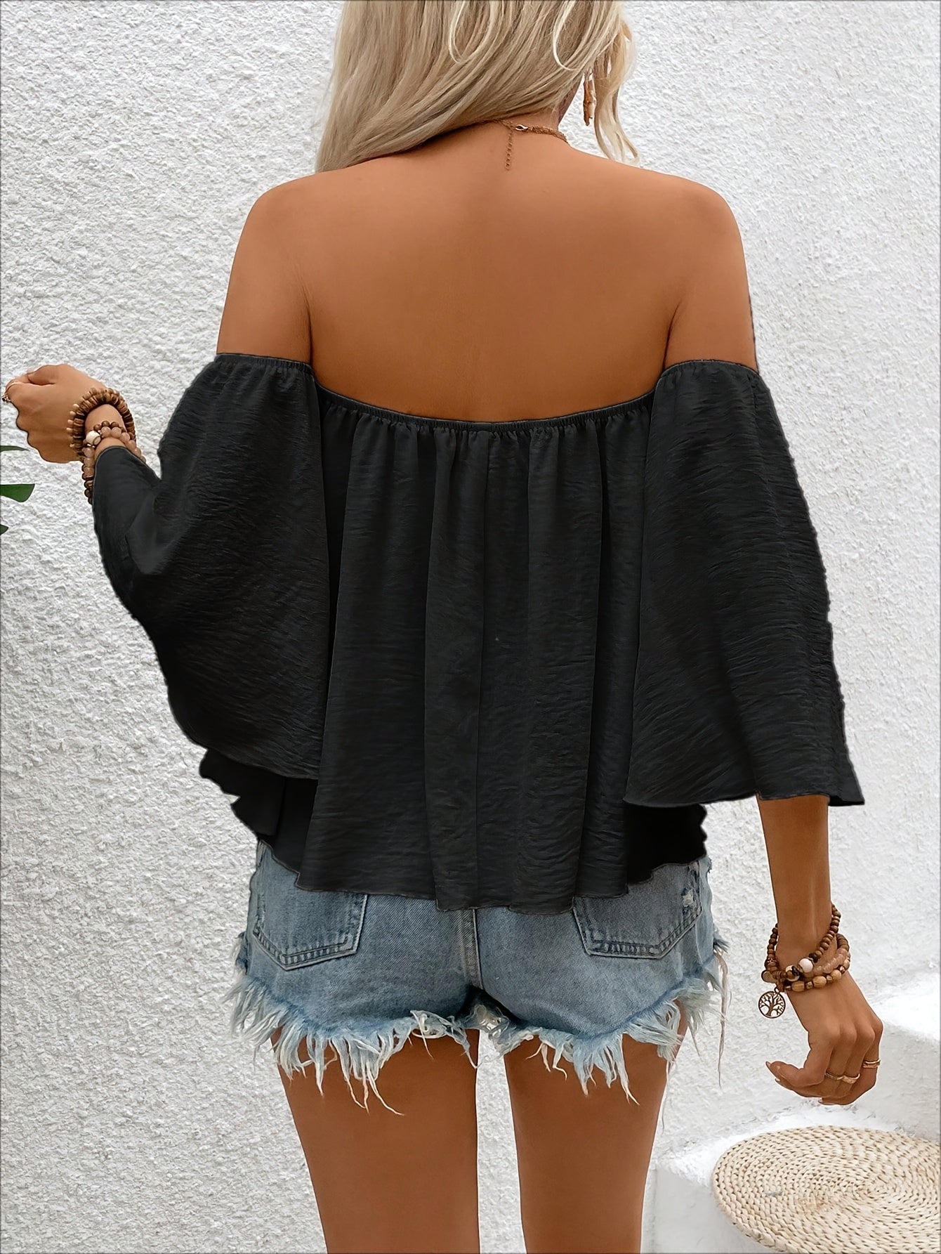 Damen Off-Shoulder Bluse mit Weiten Ärmeln – Eleganter Boho-Style, Ideal für Urlaub und Freizeit