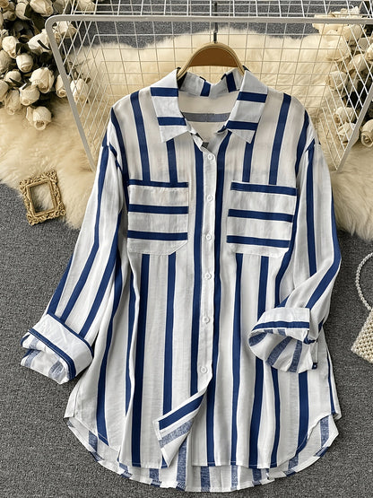Damen Streifen-Bluse im Boyfriend-Stil mit Knopfleiste und Brusttaschen – Elegante Freizeit- und Businessmode