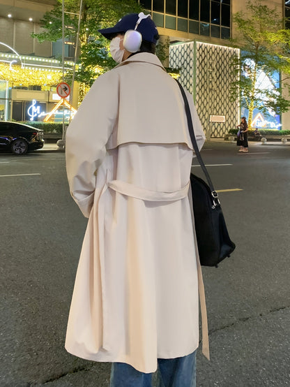Unisex Trenchcoat Lang Zweireihig mit Gürtel in Beige oder Schwarz