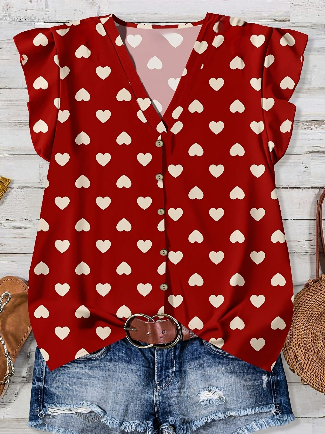 Damen Sommer Bluse mit Herzmuster und Knopfleiste – Verspielte Freizeitmode für den Alltag
