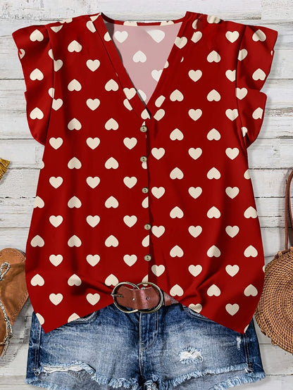 Damen Sommer Bluse mit Herzmuster und Knopfleiste – Verspielte Freizeitmode für den Alltag