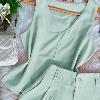 Damen Zweiteiliges Set mit V-Ausschnitt Top und High-Waist Shorts – Eleganter Freizeit-Look