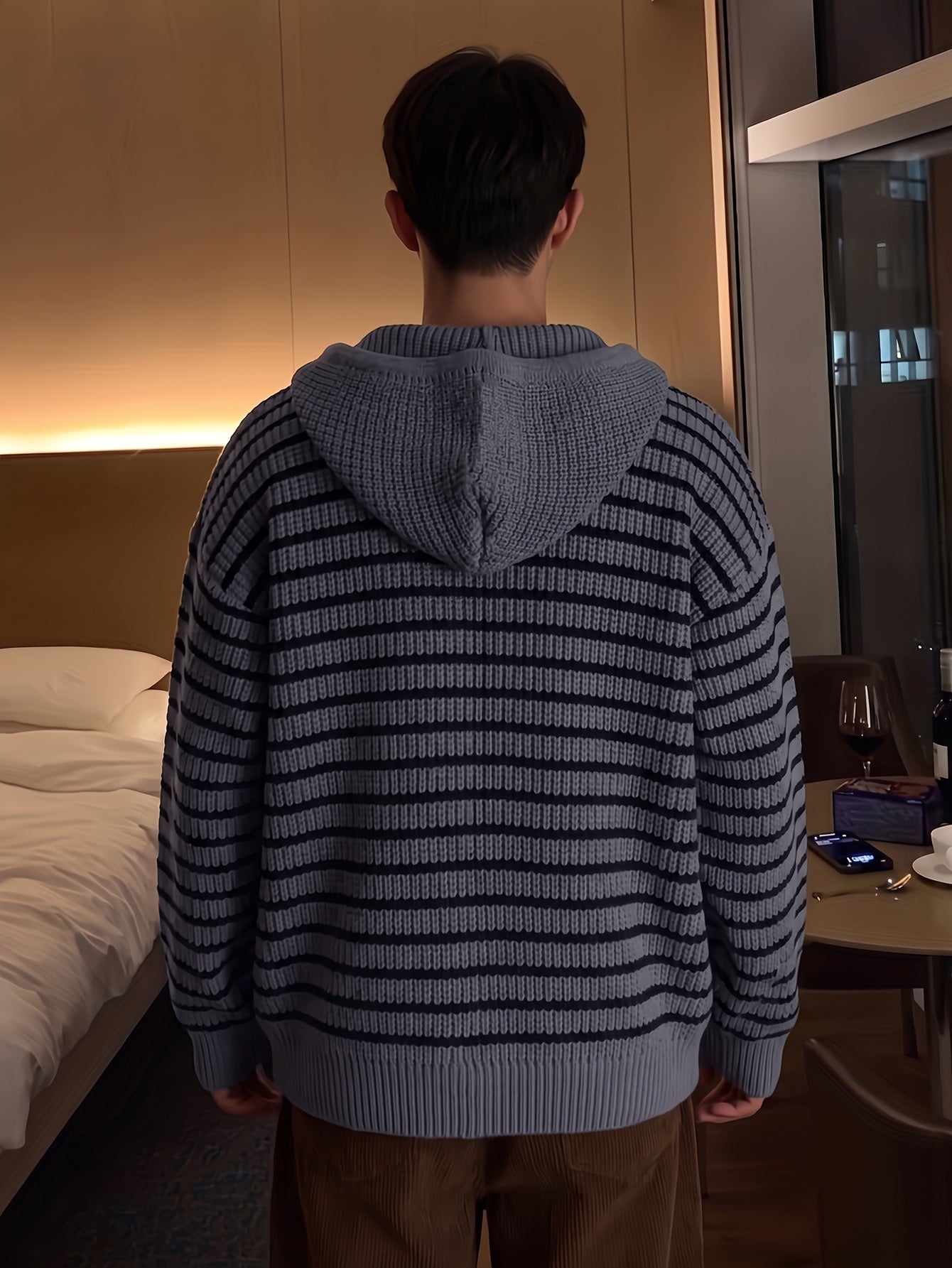 Gestreifter Strick Hoodie Jacke mit Reißverschluss für Herren