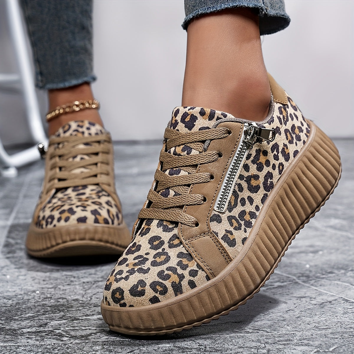 Damen Plateausneaker mit Leopardenmuster und Reißverschluss – Modische Freizeitschuhe für Alltag und Streetstyle