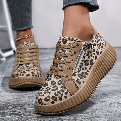 Damen Plateausneaker mit Leopardenmuster und Reißverschluss – Modische Freizeitschuhe für Alltag und Streetstyle