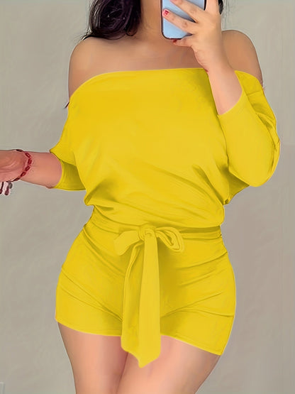 Damen Off-Shoulder Freizeit-Jumpsuit mit Taillengürtel – Eleganter Sommer Overall für Alltag und Urlaub