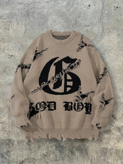 Unisex Pullover mit Riss-Details und Rundhalsausschnitt in Distressed-Optik