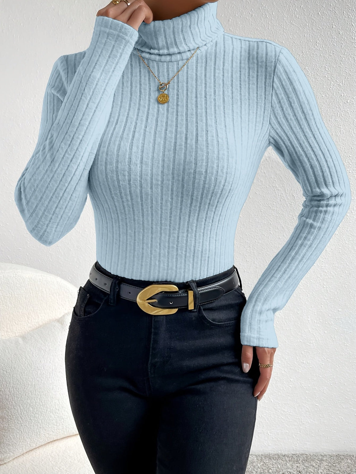 Damen Gerippter Rollkragenpullover Langarm Oberteil