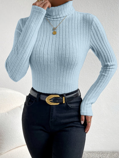 Damen Gerippter Rollkragenpullover Langarm Oberteil