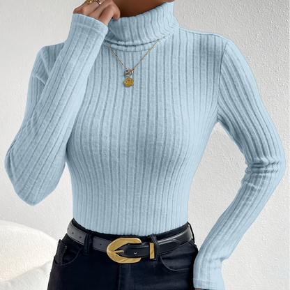 Damen Gerippter Rollkragenpullover Langarm Oberteil