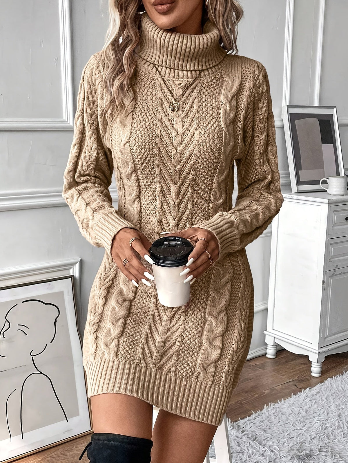 Strickkleid Damen Rollkragen Zopfmuster Langarm Minikleid Rippbündchen