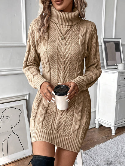 Strickkleid Damen Rollkragen Zopfmuster Langarm Minikleid Rippbündchen