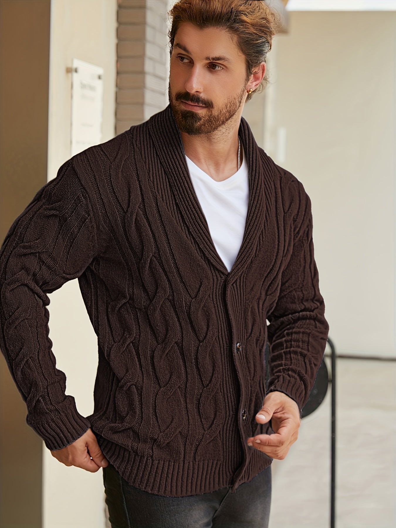 Herren Strickjacke Zopfmuster Schalkkragen Knopfleiste