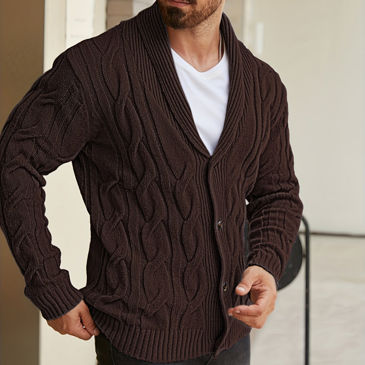 Herren Strickjacke Zopfmuster Schalkkragen Knopfleiste
