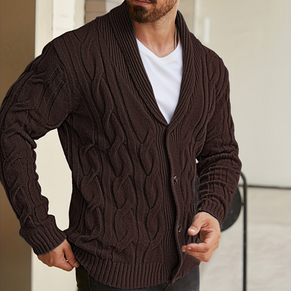 Herren Strickjacke Zopfmuster Schalkkragen Knopfleiste