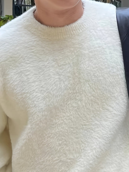 Unisex Langarm Pullover Flauschig Rundhals Weiß Schwarz