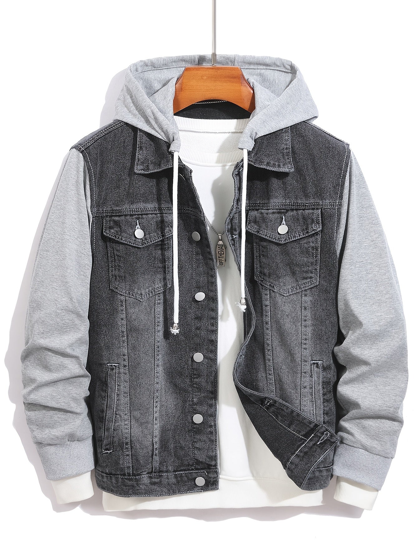 Herren Jeansjacke mit Kapuze Denim und Sweatstoff Ärmel Grau