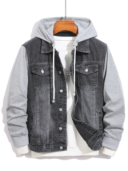 Herren Jeansjacke mit Kapuze Denim und Sweatstoff Ärmel Grau