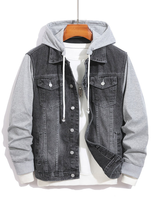 Herren Jeansjacke mit Kapuze Denim und Sweatstoff Ärmel Grau