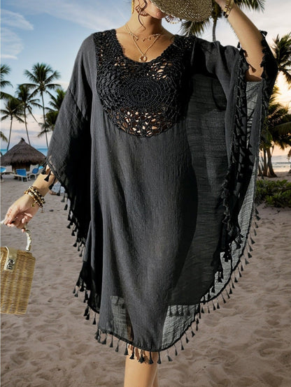 Damen Strand Kaftan Poncho mit Häkel-Details und Fransen – Eleganter Badeüberwurf