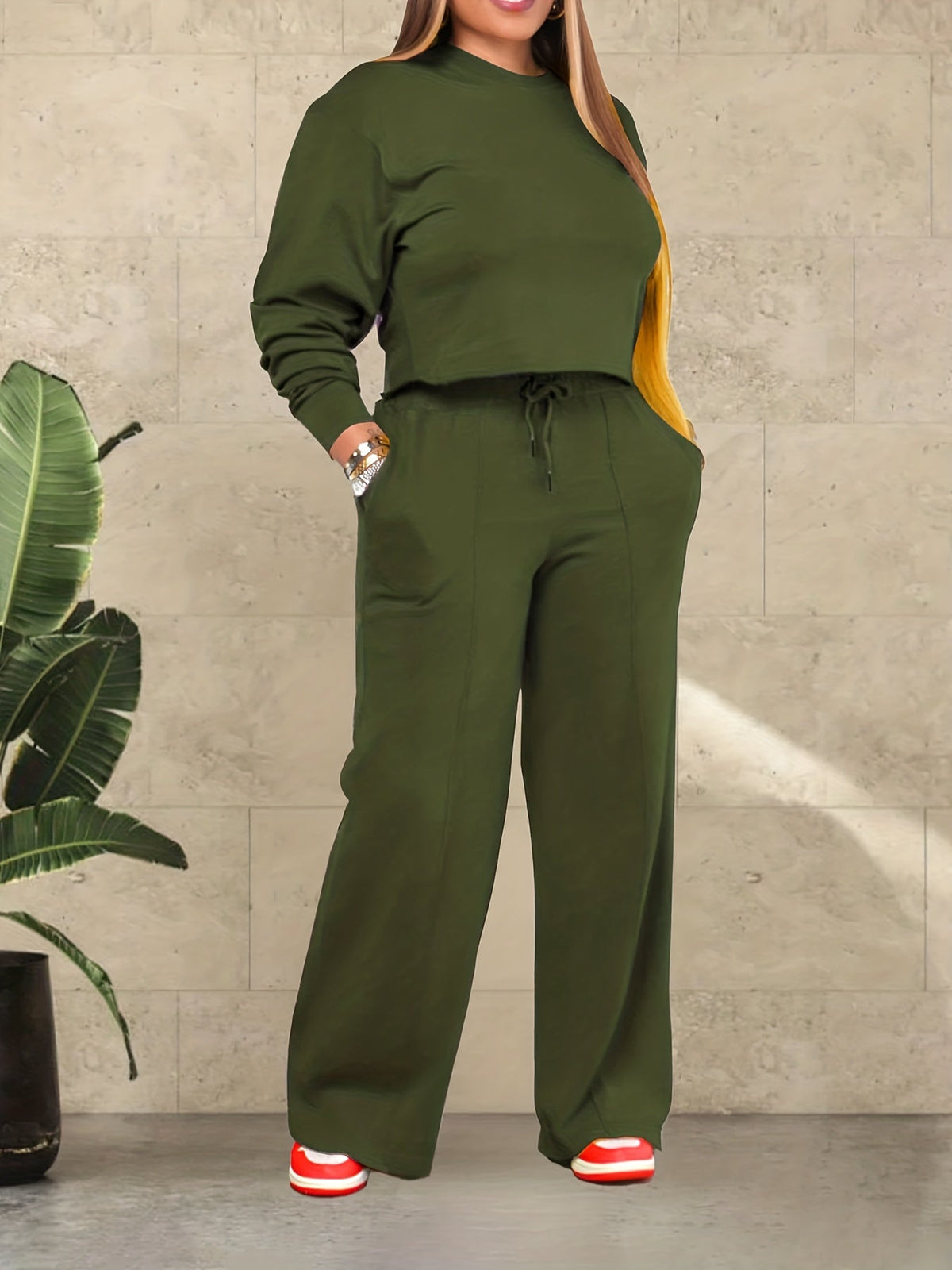 Damen Zweiteiler Lounge Set – Modisches Freizeit Outfit mit Cropped Pullover und Weiten Hosen